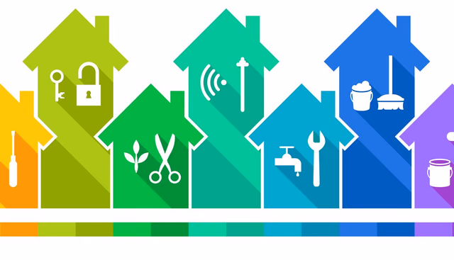 Row of colorful house icons representing the range of general home maintenance tasks